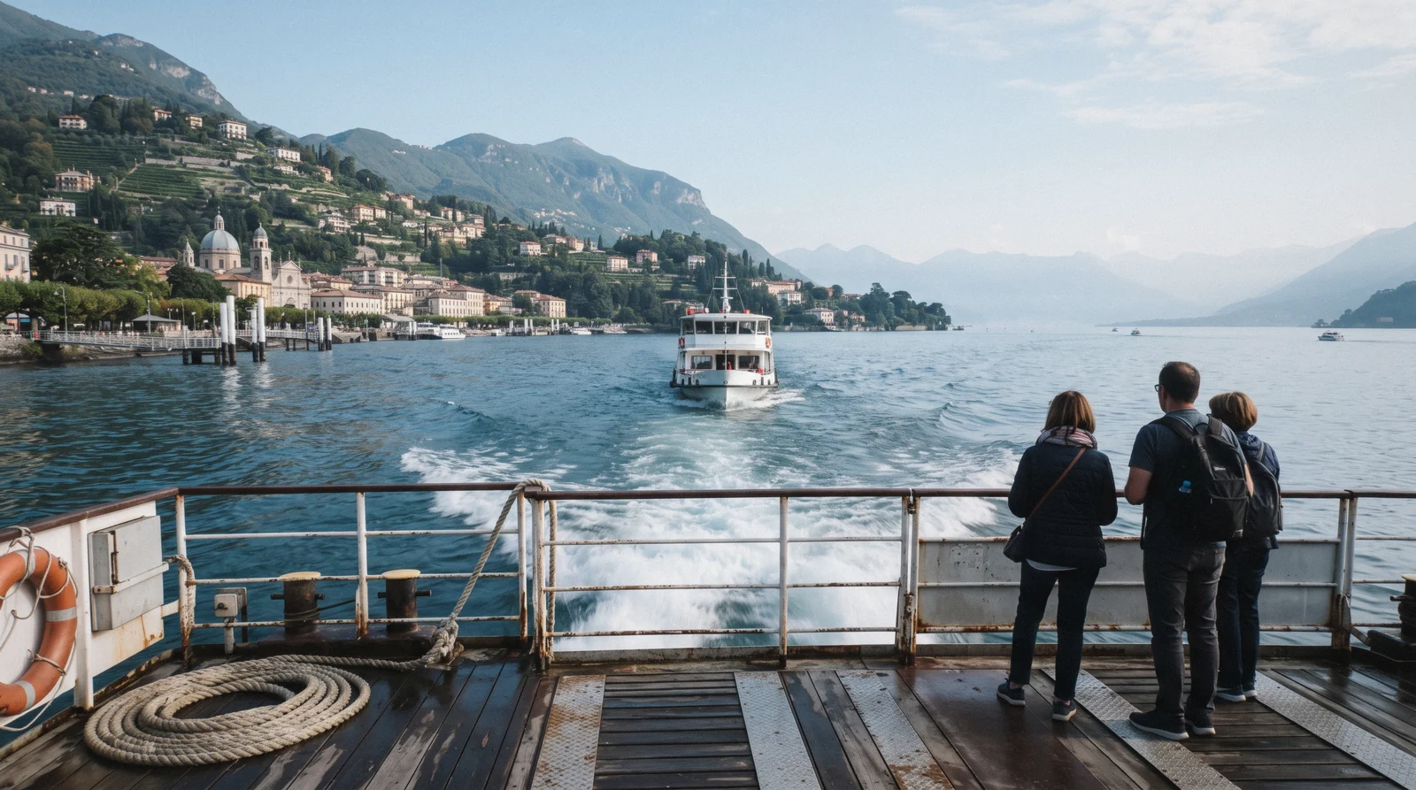A public boat pulling away from the Piazza Cavour piers on the trip from Como to Bellagio, with the Como waterfront behind