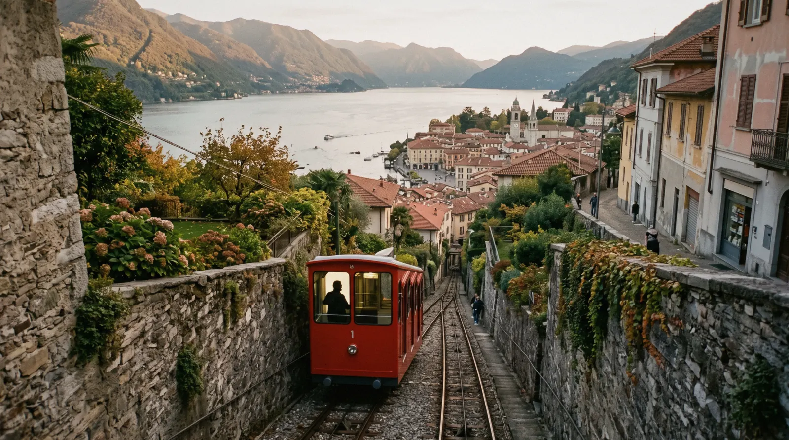 The village of Brunate on the ridge above the lake and the rooftops of Como, Brunate above Como, Italy