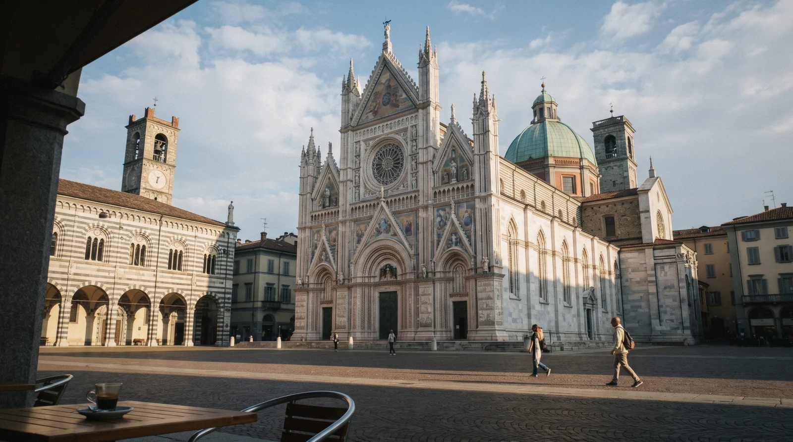 The white marble Gothic façade and rose window of Como Cathedral beside the Broletto arcades on Piazza Duomo, Como Cathedral in Como, Italy