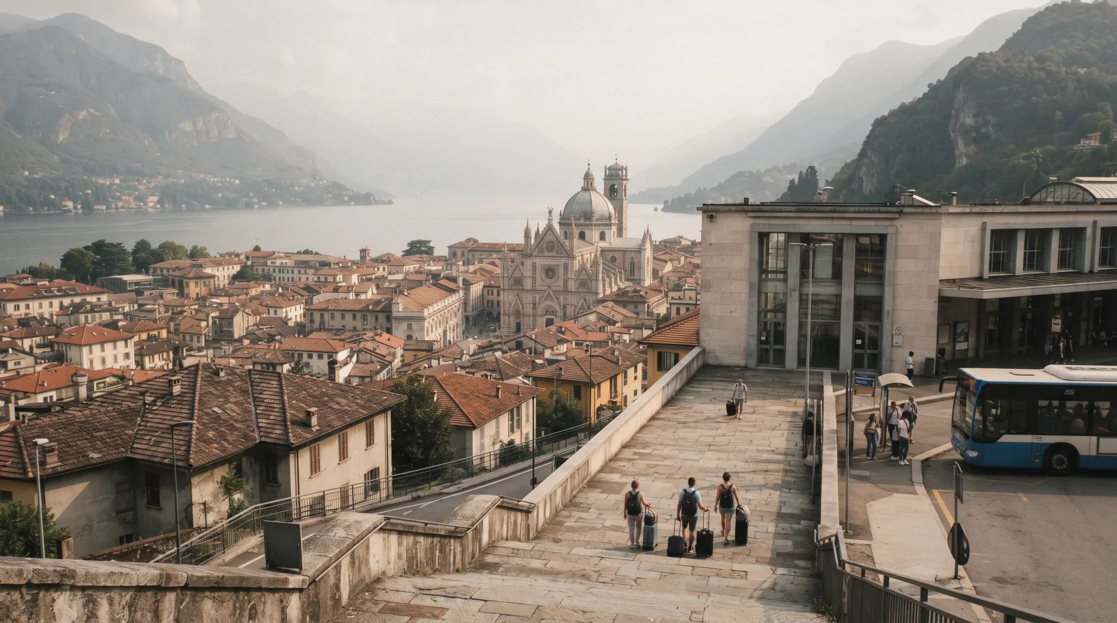 The forecourt of Como San Giovanni station on Piazzale San Gottardo, looking down over the old town roofs toward the lake