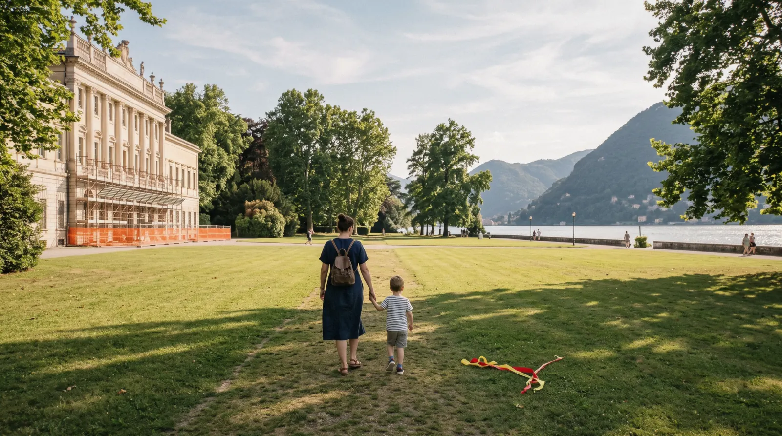 A parent and child walking across the Villa Olmo lawn toward the lake, a free afternoon for Como with kids