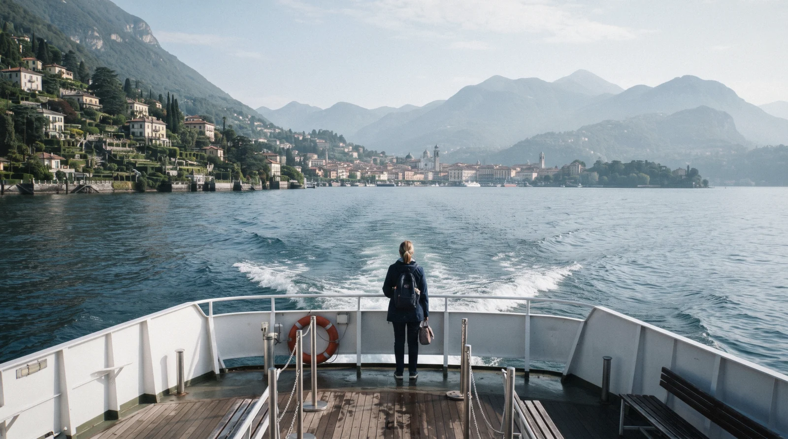 A public ferry heading north from Como on one of the classic day trips from Como to Bellagio and Varenna