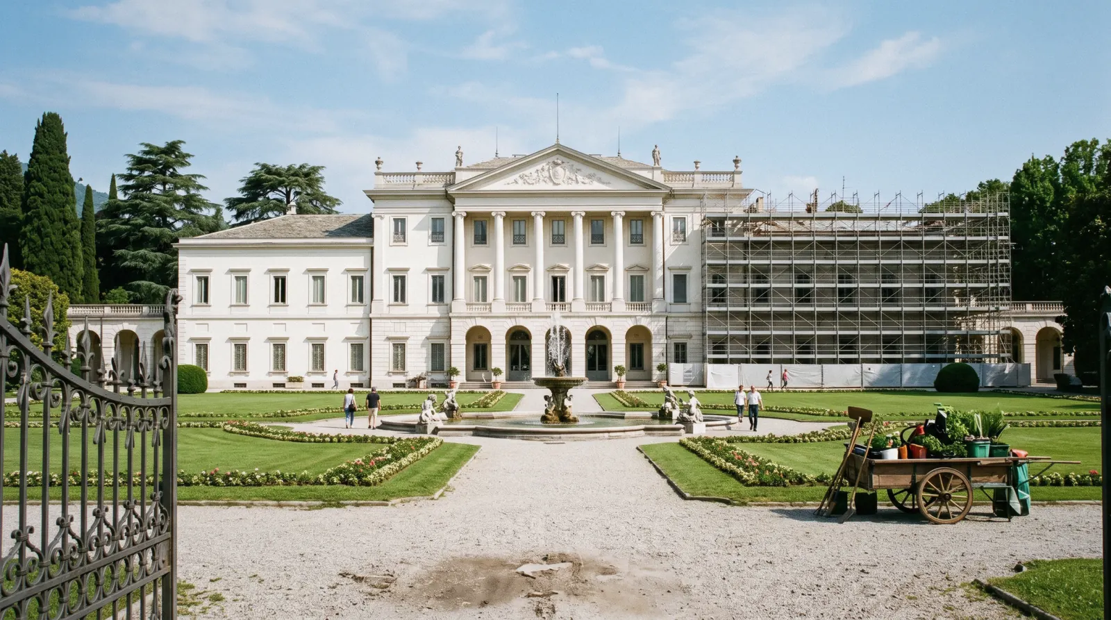 The neoclassical facade of Villa Olmo behind the lakefront parterre in Como, Italy