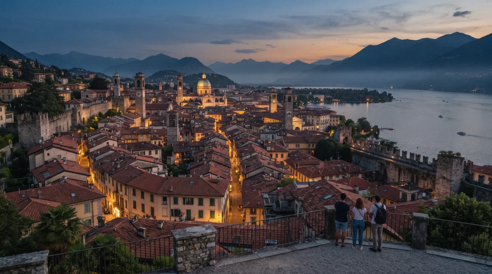 Rooftops of Como old town at dusk with the cathedral dome, seen from the hills, illustrating where to stay in Como